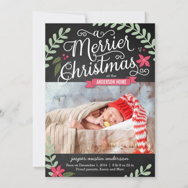 Merrier Christmas Birth Announcement Holiday Card (front side)