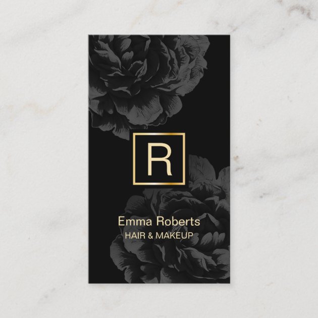Makeup & Hair Stylist Monogram Elegant Dark Floral Business Card (front side)
