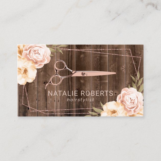 Hair Stylist Rose Gold Scissor Rustic Floral Business Card