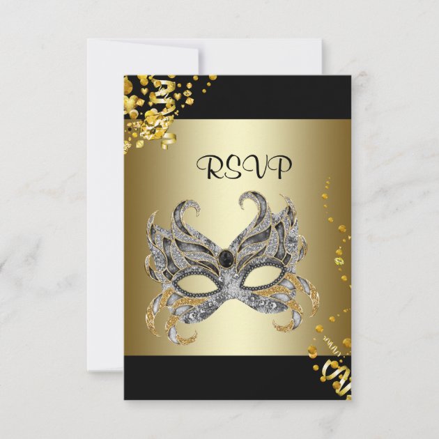 Confetti Mask Black Gold Masquerade Party RSVP