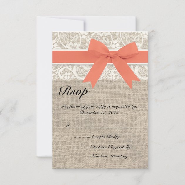 Lace & Coral Ribbon and Burlap Wedding RSVP Card (front side)