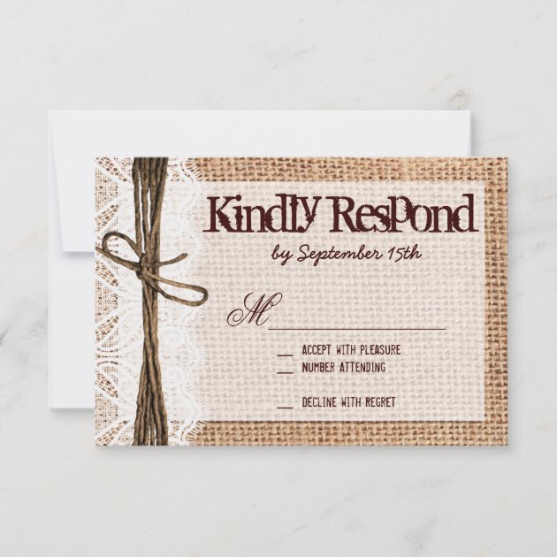 Rustic Burlap Lace Typography Wedding RSVP Cards