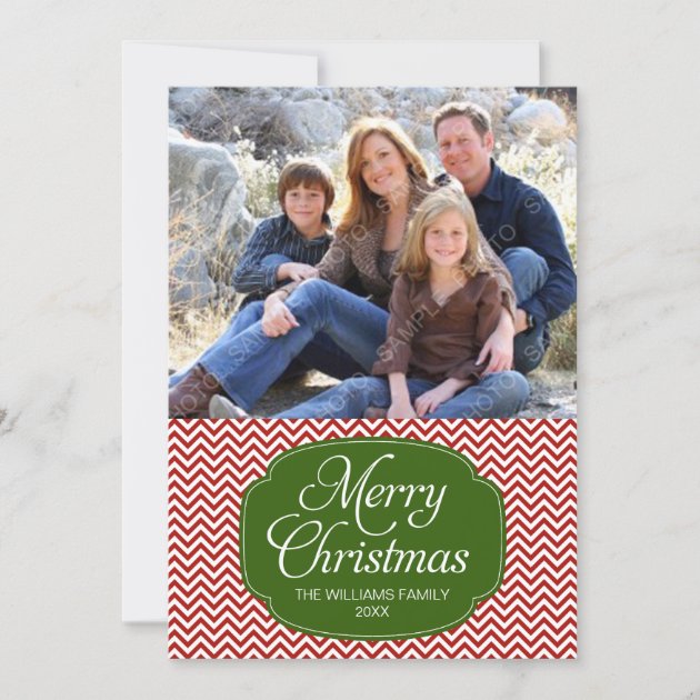 Modern Red Green Chevron Christmas Photo Card (front side)