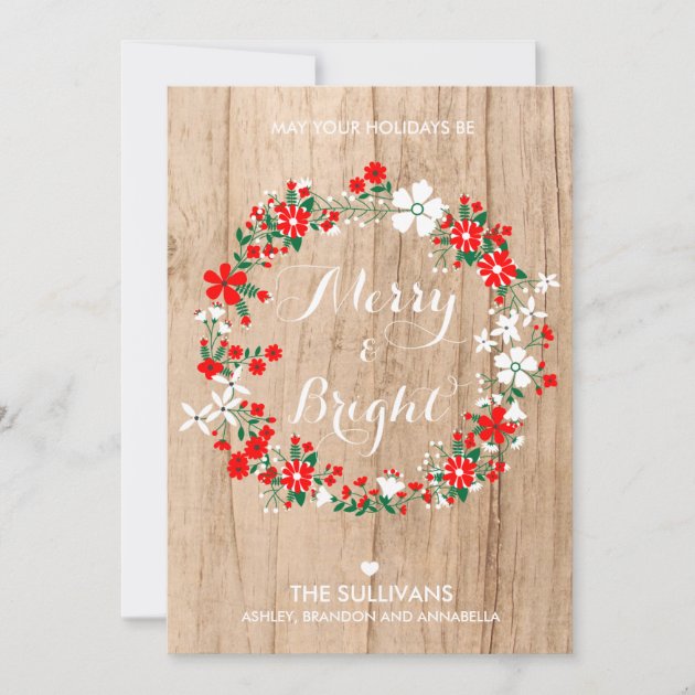 Rustic Wood Holiday Floral Wreath Christmas Card