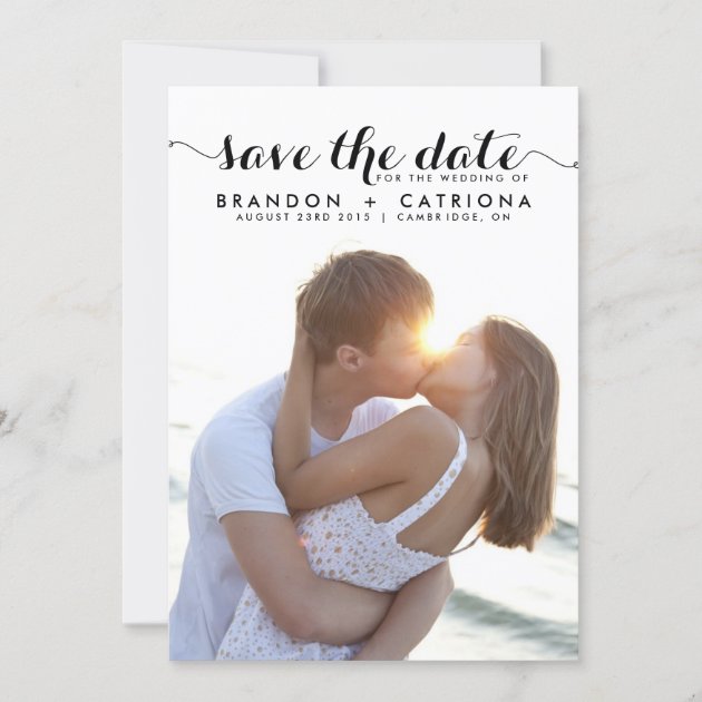 Black Whimsical Script Photo Save the Date (front side)