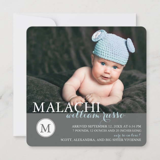 Classic Monogram Baby Boy Birth Announcement (front side)