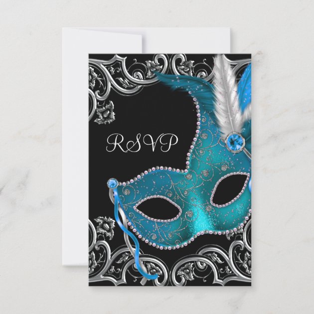 Teal Blue Silver Mask Masquerade Party RSVP