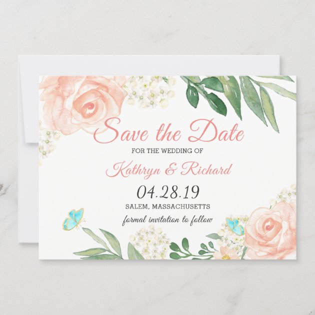 Spring Blush Peach Floral Watercolor Save The Date (front side)
