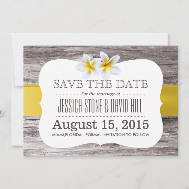 Classy Frangipani Flowers Wood Save the Date (front side)