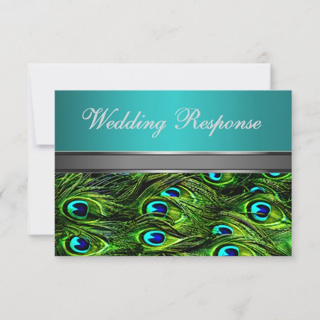 Teal & Green Peacock Feather Wedding RSVP Cards