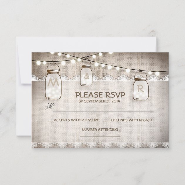 burlap lace lights & mason jar wedding RSVP card (front side)