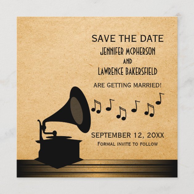 Ebony Vintage Gramophone Save the Date Invite