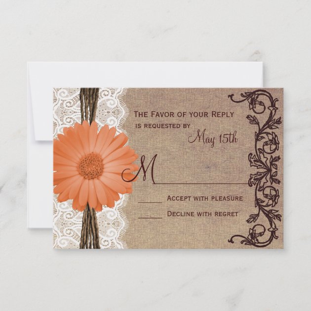 Rustic Peach Coral Daisy Flower Wedding RSVP Cards (front side)
