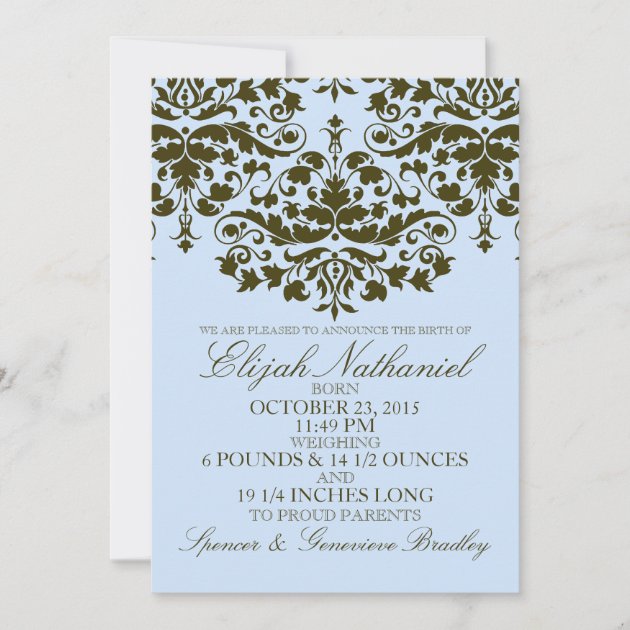 Blue Damask Formal Introduction Birth Announcement