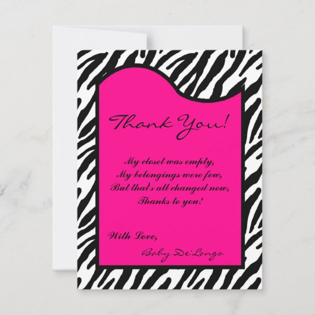 4x5 FLAT Thank you Card Hot Pink Zebra Print