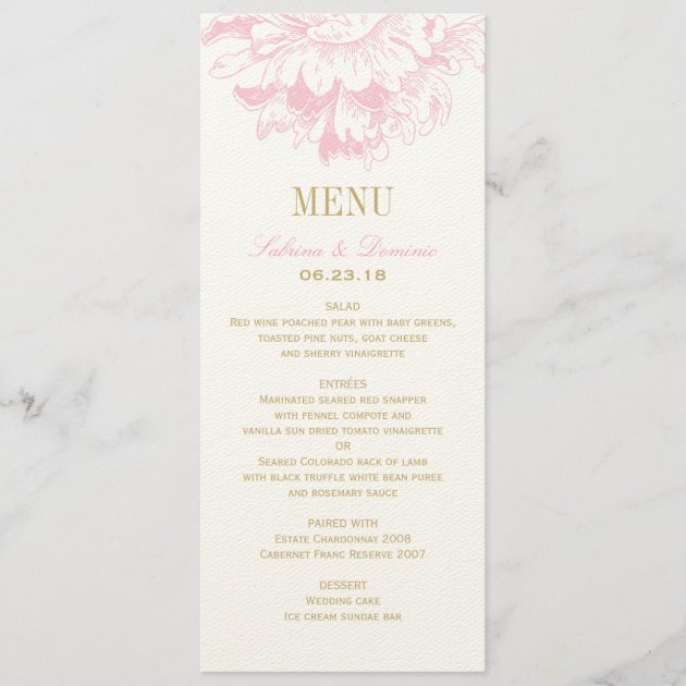 Wedding Dinner Menu Cards | Pink Floral Peony
