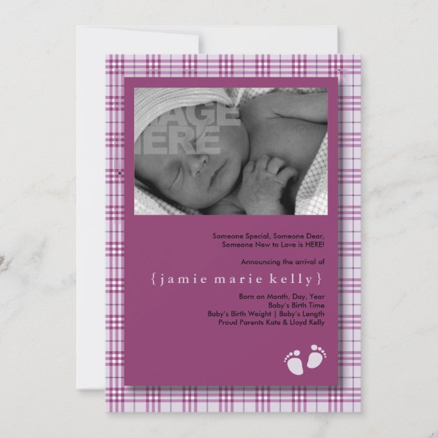 Baby Steps Birth Announcement -Light Purple Plaid (front side)