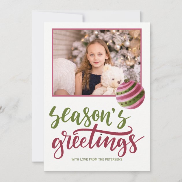 Seasons greetings pink green script photo holiday card