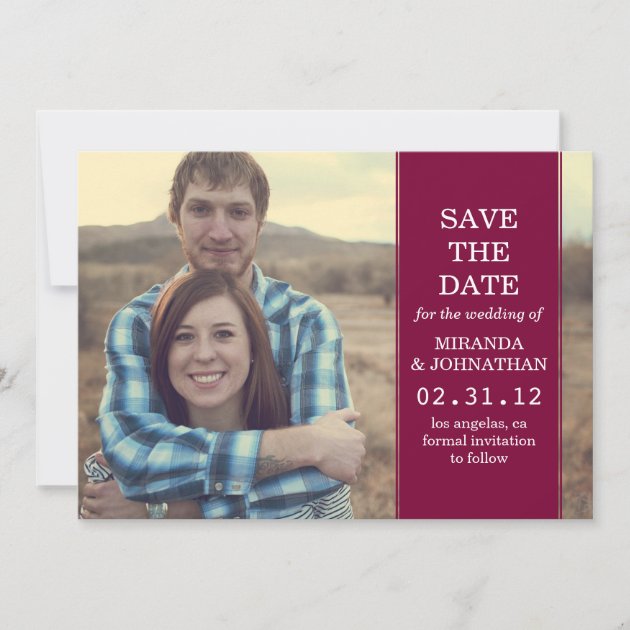 Maroon Banner Stylish Photo Save The Date Invites (front side)