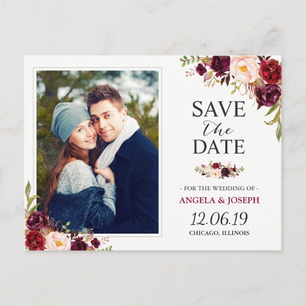 Burgundy Red Floral Chic Save The Date Photo Announcement Postcard