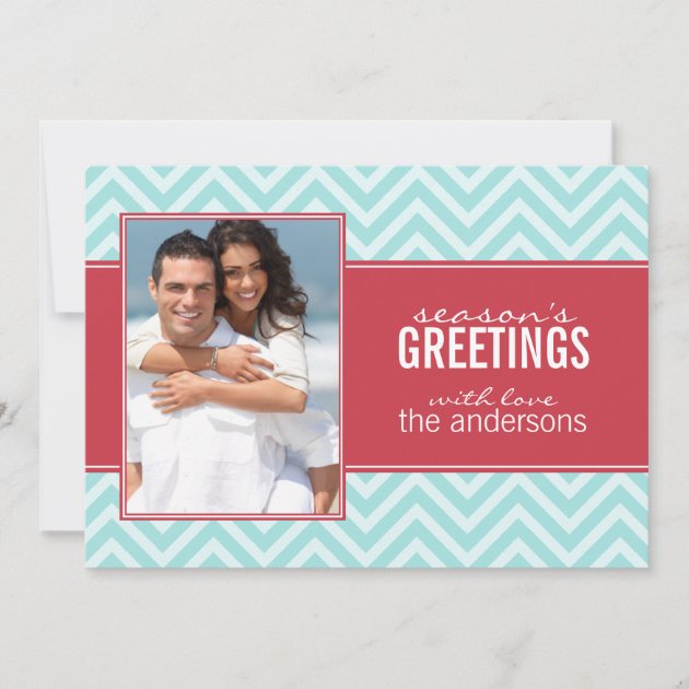 Aqua and Red Chic Chevrons Custom Holiday Cards