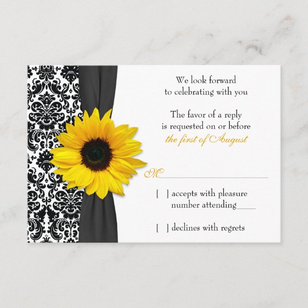 Sunflower Yellow Black Damask Wedding RSVP Reply