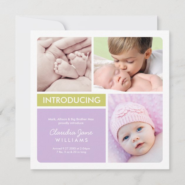Multi-Photo Birth Announcement Card | Violet Green (front side)