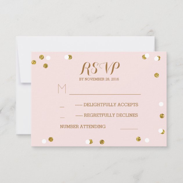 Blush gold confetti elegant wedding RSVP cards (front side)