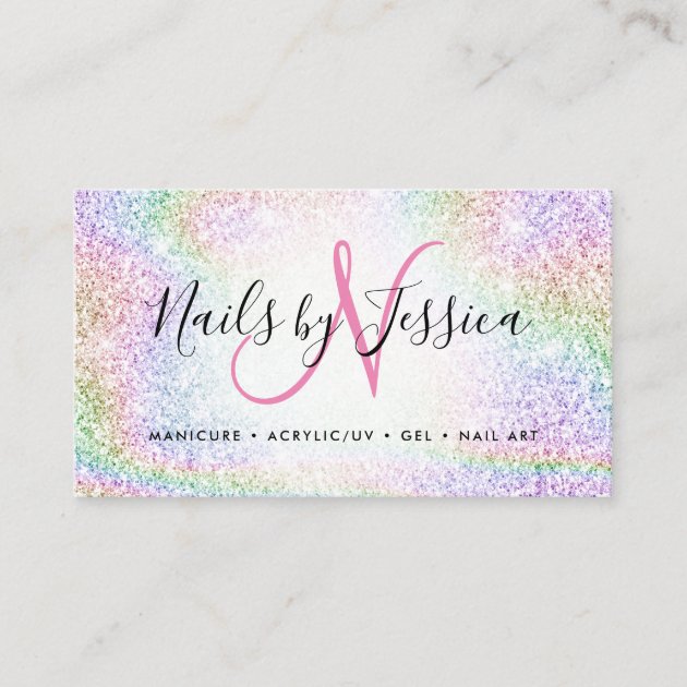 Classy holographic rainbow glitter elegant script business card (front side)