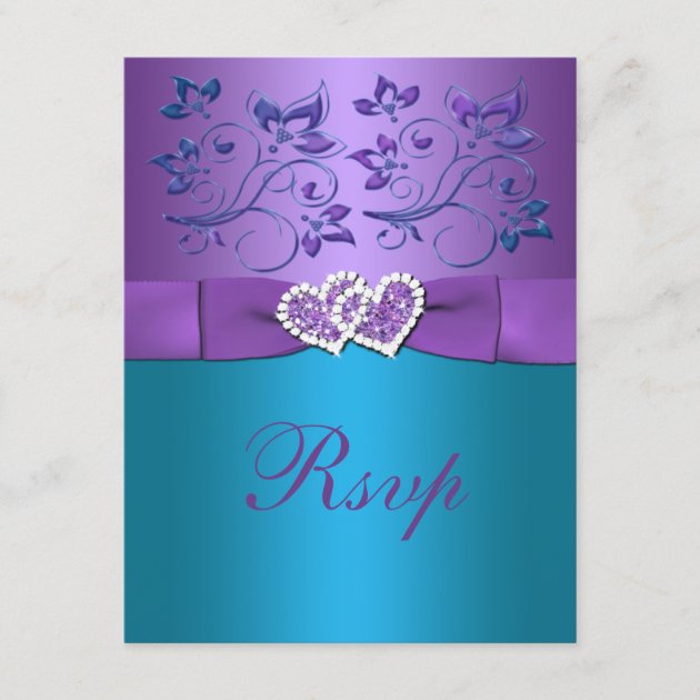 Purple, Teal Floral Hearts Monogram Wedding RSVP