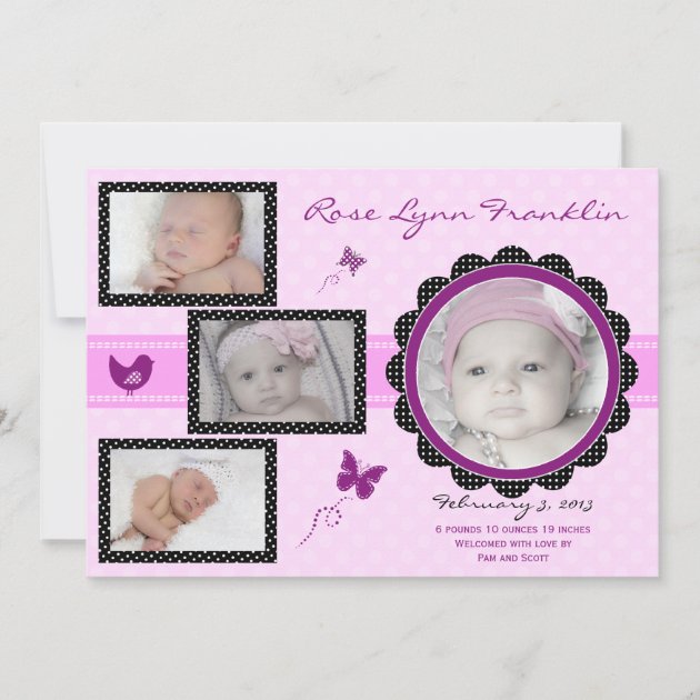 Butterfly Baby Girl Photo Birth Announcement (front side)
