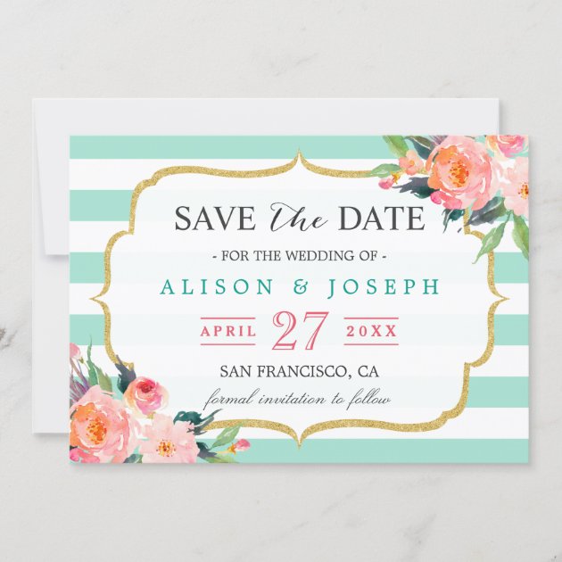 Save The Date | Classy Mint Green Stripes Floral (front side)