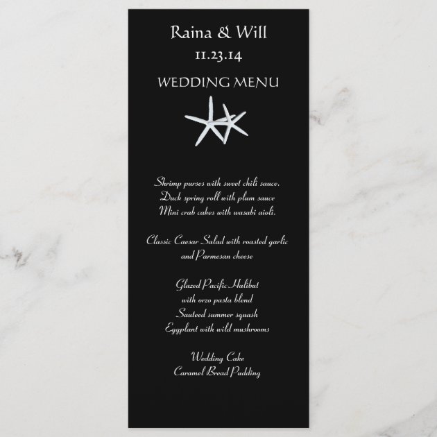 Starfish on Black, Tall Wedding Menu Card