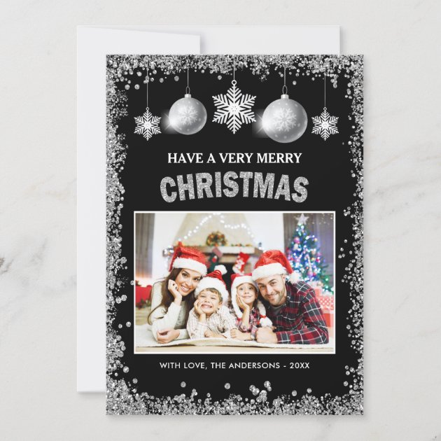 Silver Glitters Snowflakes Merry Christmas Photo Holiday Card (front side)
