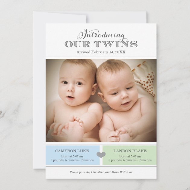 Twins Photo Birth Announcement Card | Baby Boys (front side)