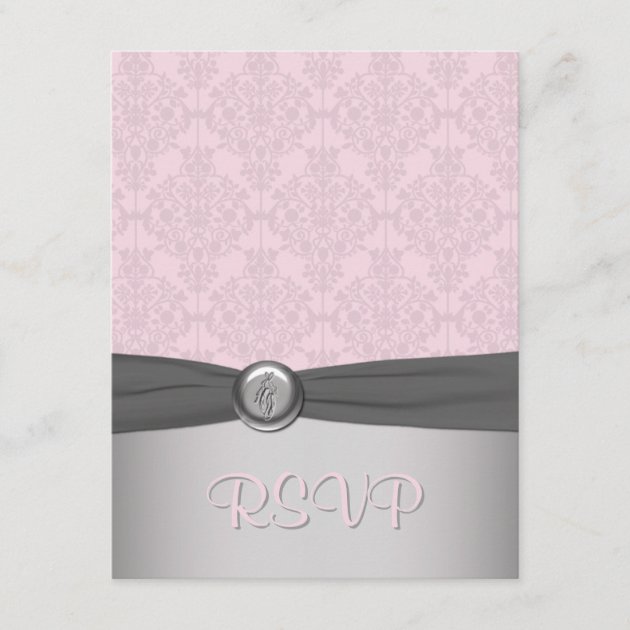 Pink and Gray Damask Ballerina RSVP Card
