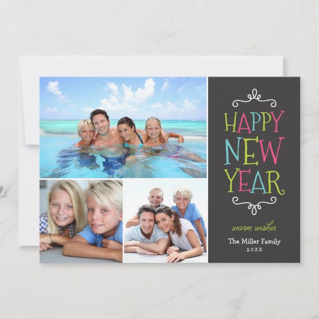 Happy New Year Whimsical Holiday Photo Card (front side)