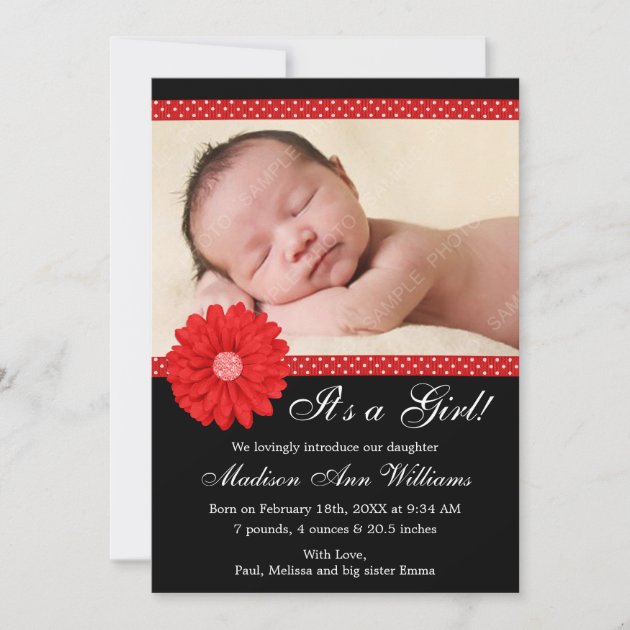Red and Black Daisy Girl Photo Birth Announcement