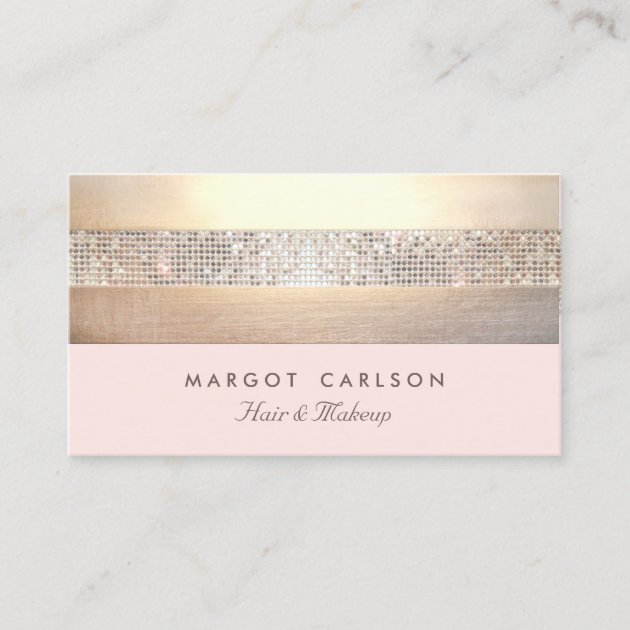 Chic and Elegant Sequin Gold Light Pink Striped Business Card (front side)
