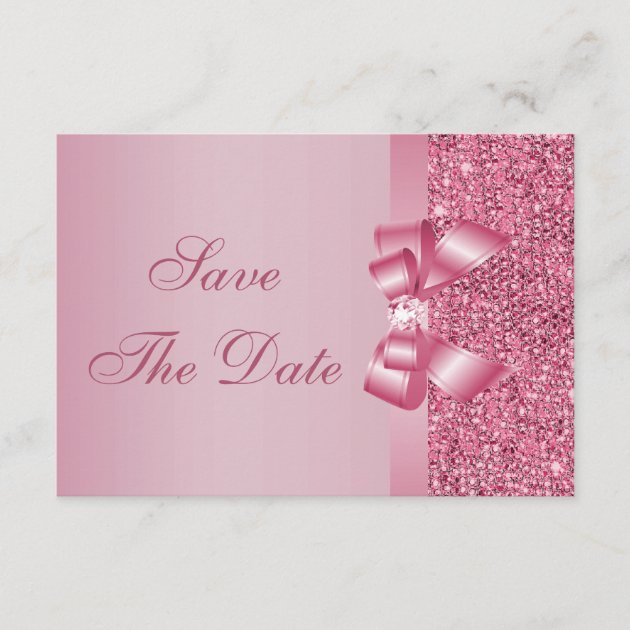 Pink Printed Sequins Bow & Diamond Save the Date
