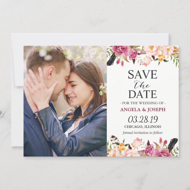 Romantic Boho Floral Feather Photo Save the Date (front side)