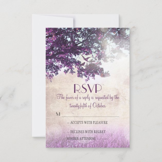 Purple old oak tree wedding RSVP cards