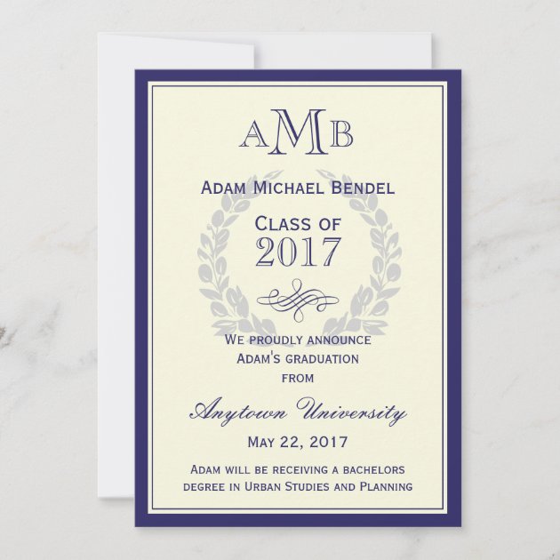 Royal Blue Monogram Graduation Announcement (front side)