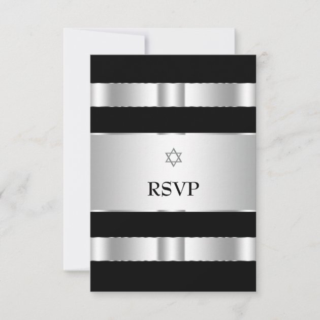Black Silver Star of David Bar Mitzvah RSVP Cards (front side)