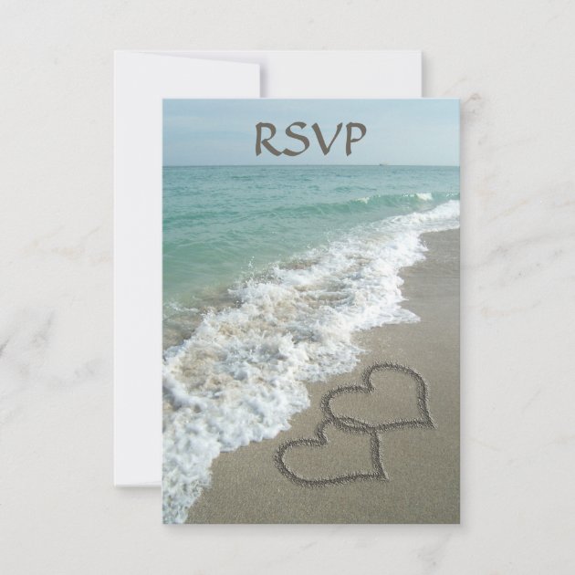 Matching Sand Hearts on the Beach, Romantic Ocean RSVP Card (front side)