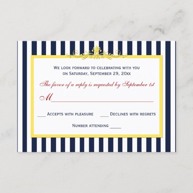 Navy, White, Yellow, Red Striped Scroll RSVP Card
