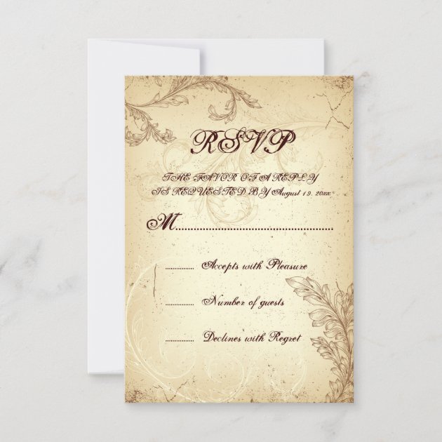 Beige, brown vintage scroll leaf wedding RSVP