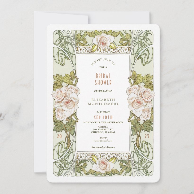 Vintage Bridal Shower Invitations Art Nouveau Rose (Front)