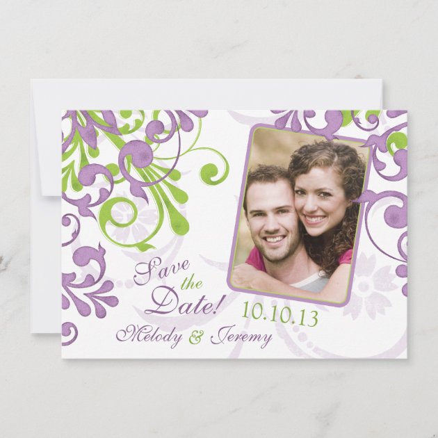 Purple Green Floral Wedding Photo Save the Date
