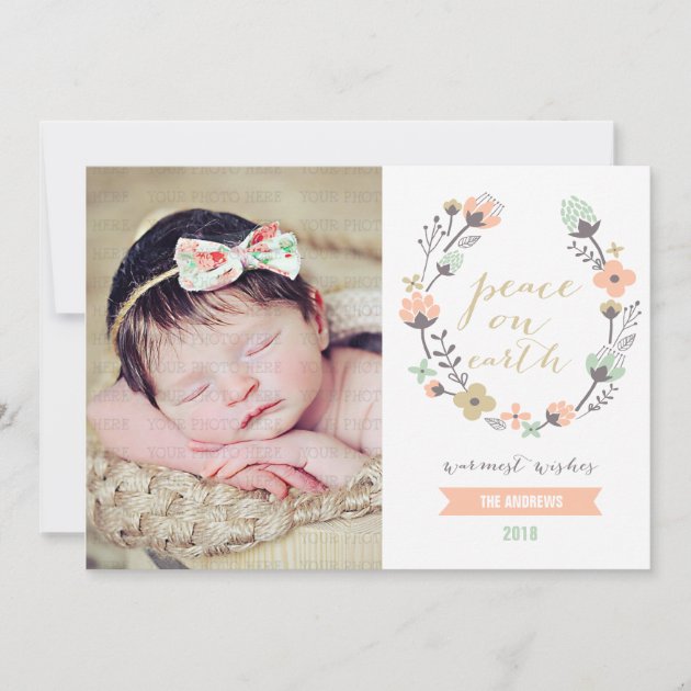 Modern Pink Mint Holiday Floral Custom Photo Card